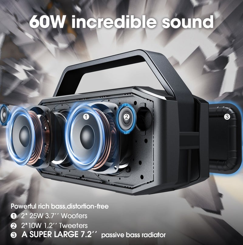 W-KING Loud Bluetooth Speaker, 100W Max IPX6 Portable Outdoor Speakers Bluetooth Wireless/60W Deep Bass Radiator/2 Subwoofer/2 Pairing/40H/TF/AUX/EQ, IPX6 Party Big Large Waterproof Speaker Boombox - Image 2