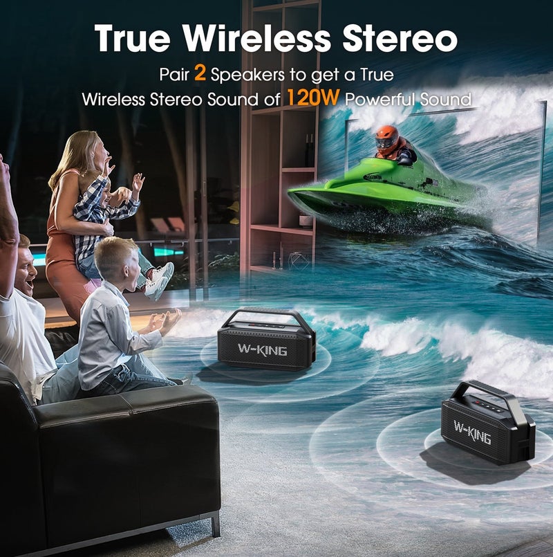 W-KING Loud Bluetooth Speaker, 100W Max IPX6 Portable Outdoor Speakers Bluetooth Wireless/60W Deep Bass Radiator/2 Subwoofer/2 Pairing/40H/TF/AUX/EQ, IPX6 Party Big Large Waterproof Speaker Boombox - Image 5