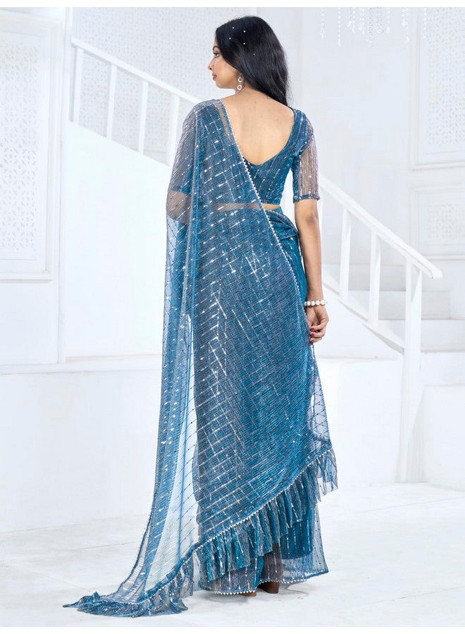 saree mall ساري مول ساري نسائي من الحرير مزين بطباعة جاهز للارتداء ساري دقيقة واحدة مع قطعة بلوزة غير مخيطة (أزرق تيل_Rtwmahek5001D_Mk) - Image 4