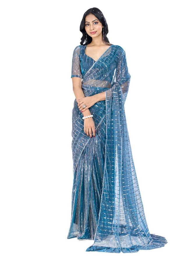 saree mall ساري مول ساري نسائي من الحرير مزين بطباعة جاهز للارتداء ساري دقيقة واحدة مع قطعة بلوزة غير مخيطة (أزرق تيل_Rtwmahek5001D_Mk) - Image 1