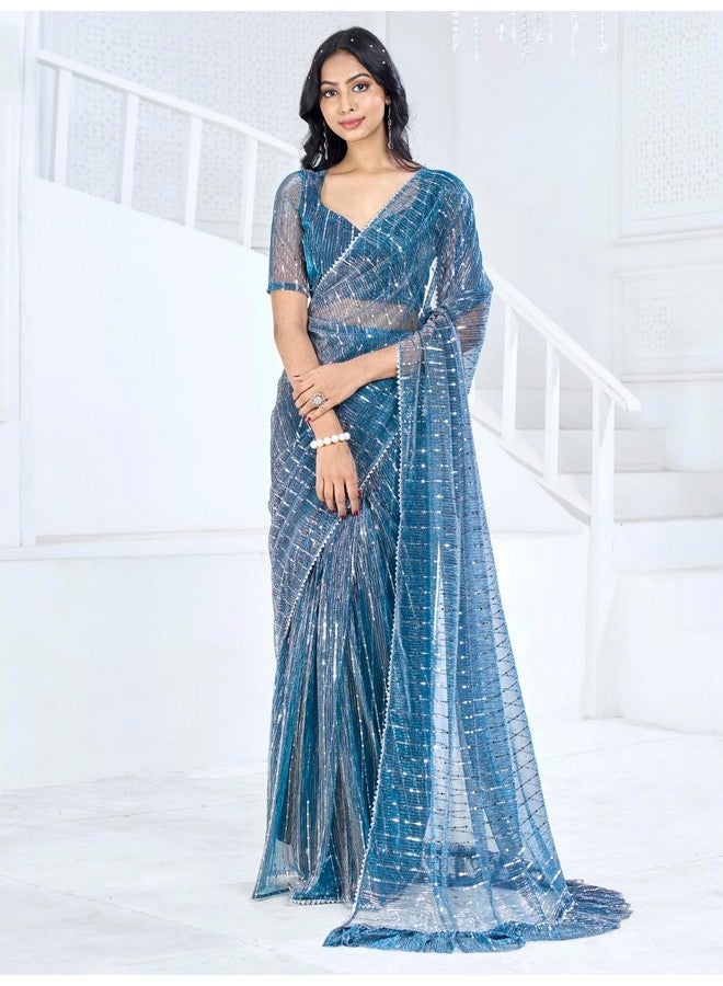 saree mall ساري مول ساري نسائي من الحرير مزين بطباعة جاهز للارتداء ساري دقيقة واحدة مع قطعة بلوزة غير مخيطة (أزرق تيل_Rtwmahek5001D_Mk) - Image 2