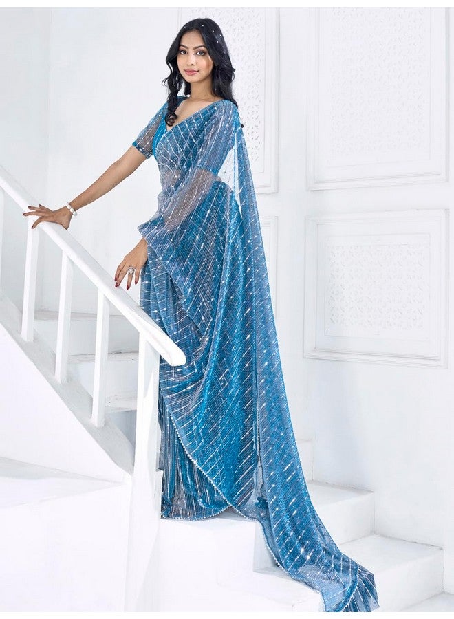 saree mall ساري مول ساري نسائي من الحرير مزين بطباعة جاهز للارتداء ساري دقيقة واحدة مع قطعة بلوزة غير مخيطة (أزرق تيل_Rtwmahek5001D_Mk) - Image 5