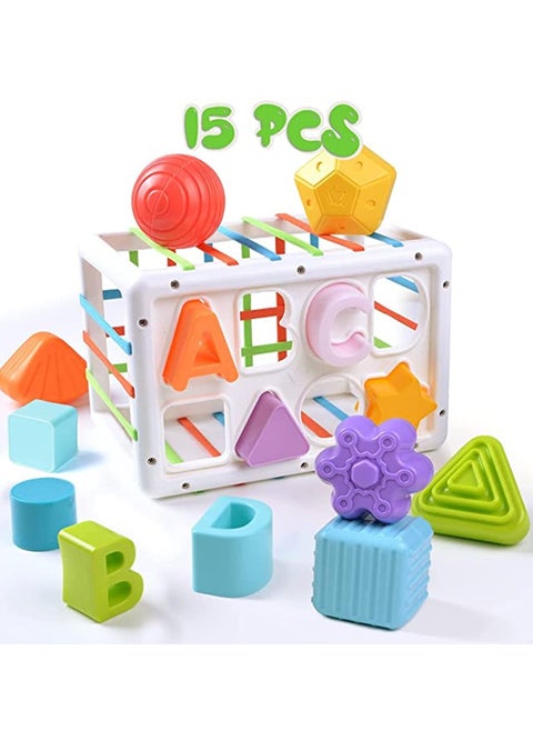 Baby Shape Sorting Toy, Sensory Sorting Bin with Elastic Bands, Colorful Cube with 14PCS Sensory Shape Blocks,Sorter Sorting Brain Toys for Ages 12 Months+ (15Pcs Baby Shape Sorting Toy)