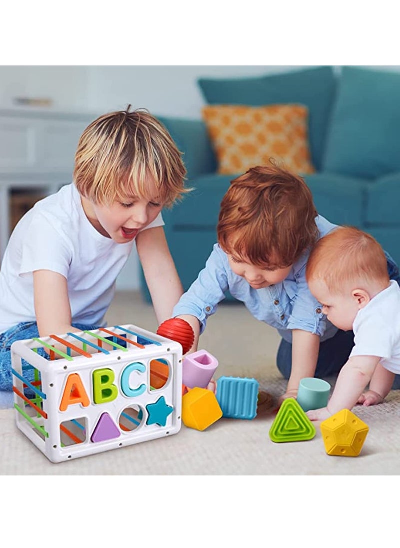 Baby Shape Sorting Toy, Sensory Sorting Bin with Elastic Bands, Colorful Cube with 14PCS Sensory Shape Blocks,Sorter Sorting Brain Toys for Ages 12 Months+ (15Pcs Baby Shape Sorting Toy)