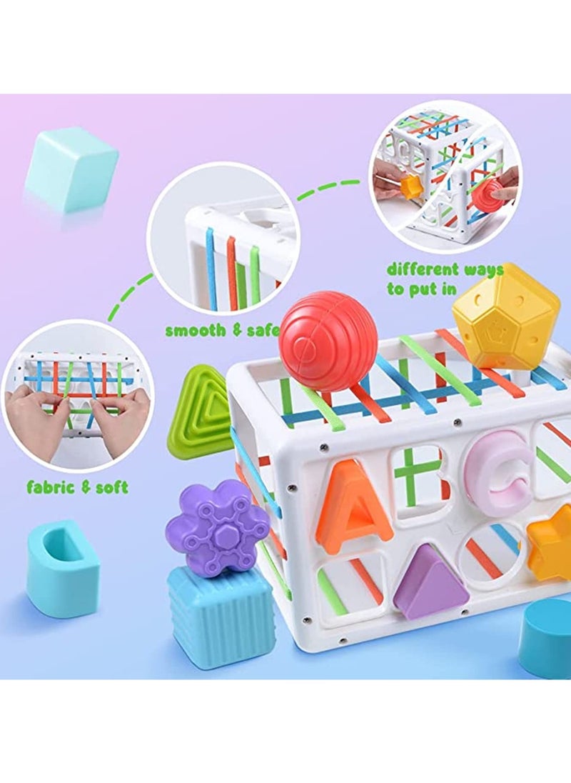Baby Shape Sorting Toy, Sensory Sorting Bin with Elastic Bands, Colorful Cube with 14PCS Sensory Shape Blocks,Sorter Sorting Brain Toys for Ages 12 Months+ (15Pcs Baby Shape Sorting Toy)
