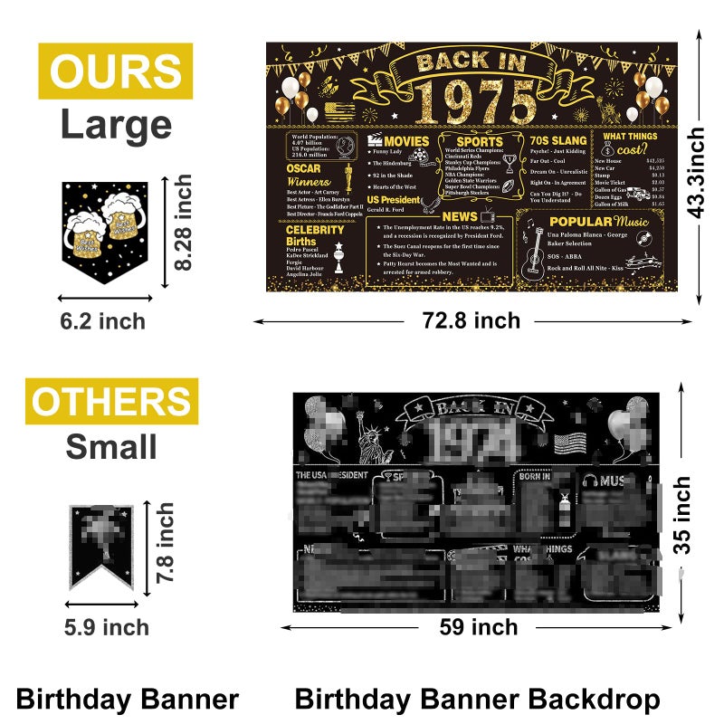 YeohJoy 50th Birthday Decorations for Men Women 16PCS Back in 1975 Party Banner Decorations Including Vintage 1975 Backdrop Cheers to 50 Years Banner 7 Hanging Swirl 1975 Poster Anniversary Card 6 Paper Poms - Image 5