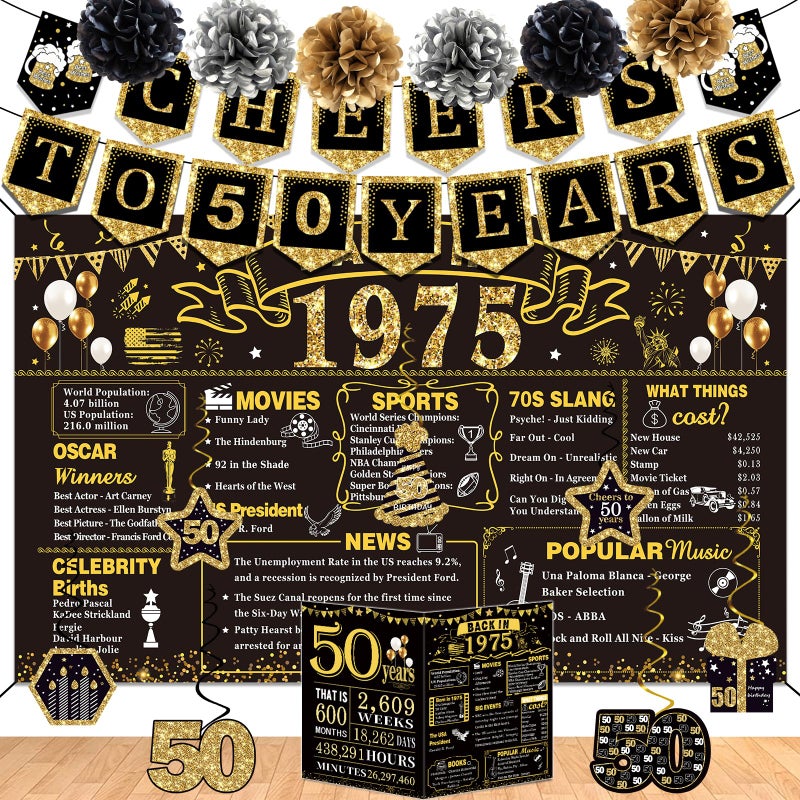 YeohJoy 50th Birthday Decorations for Men Women 16PCS Back in 1975 Party Banner Decorations Including Vintage 1975 Backdrop Cheers to 50 Years Banner 7 Hanging Swirl 1975 Poster Anniversary Card 6 Paper Poms - Image 1