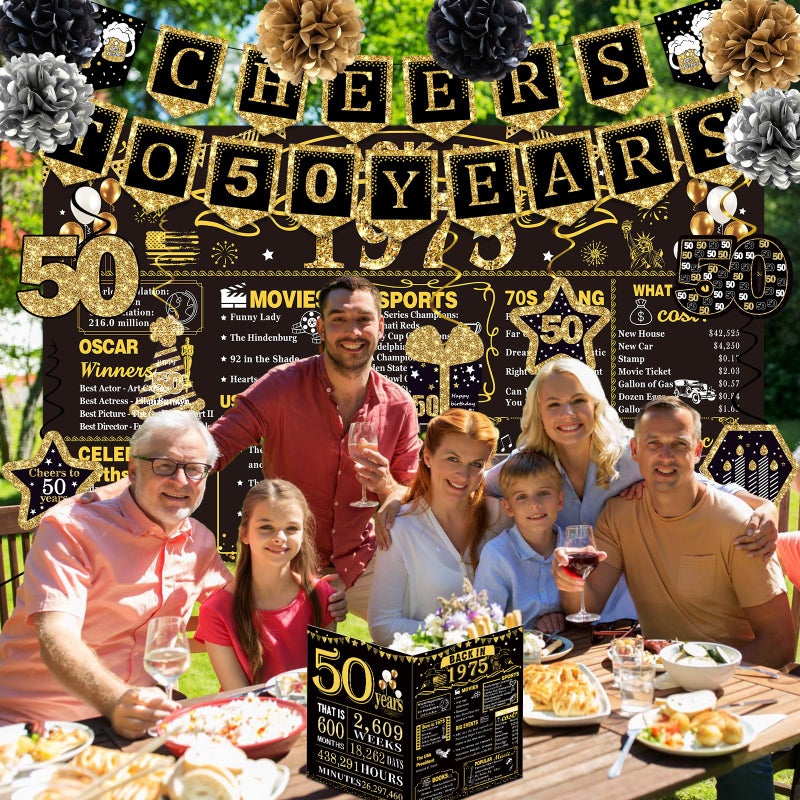 YeohJoy 50th Birthday Decorations for Men Women 16PCS Back in 1975 Party Banner Decorations Including Vintage 1975 Backdrop Cheers to 50 Years Banner 7 Hanging Swirl 1975 Poster Anniversary Card 6 Paper Poms - Image 4
