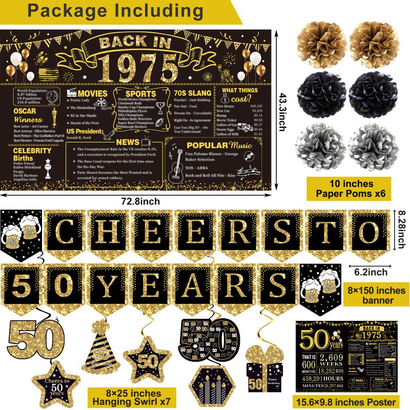 YeohJoy 50th Birthday Decorations for Men Women 16PCS Back in 1975 Party Banner Decorations Including Vintage 1975 Backdrop Cheers to 50 Years Banner 7 Hanging Swirl 1975 Poster Anniversary Card 6 Paper Poms - Image 2