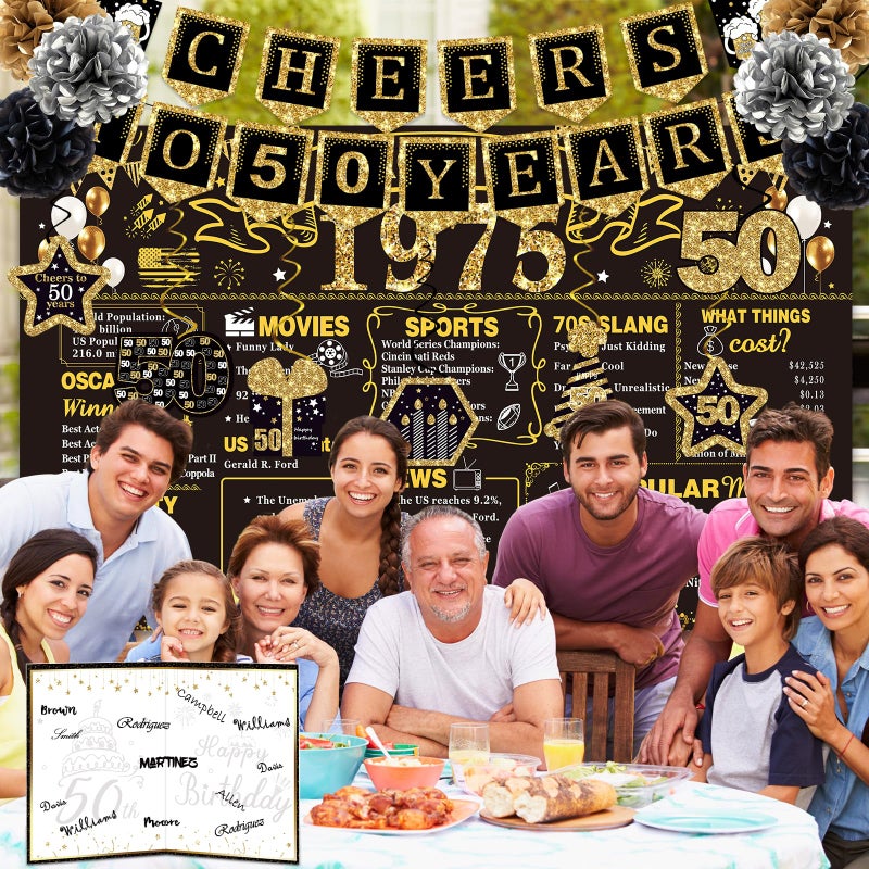YeohJoy 50th Birthday Decorations for Men Women 16PCS Back in 1975 Party Banner Decorations Including Vintage 1975 Backdrop Cheers to 50 Years Banner 7 Hanging Swirl 1975 Poster Anniversary Card 6 Paper Poms - Image 3