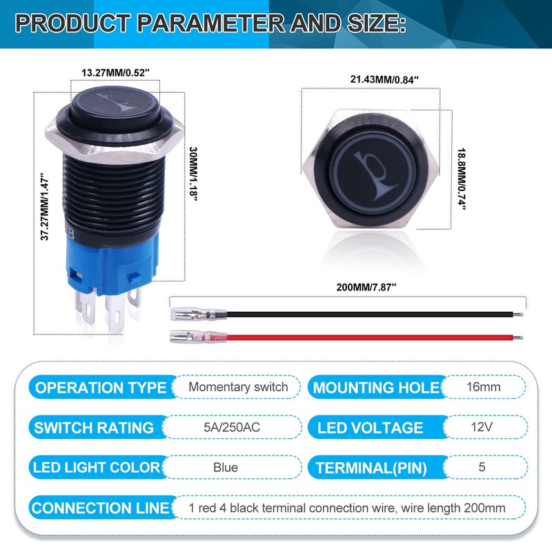 Twidec/16MM Raised Speaker Horn Momentary Push Button Switch 5/8" Mounting Hole 12V Blue Led Light Black Stainless Steel Shell 1NO 1NC SPDT with Pre-wiring Wires Switch For Car Modification BKG16LB-BU - Image 3