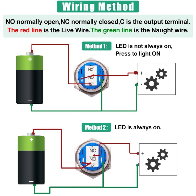 Twidec/16MM Raised Speaker Horn Momentary Push Button Switch 5/8" Mounting Hole 12V Blue Led Light Black Stainless Steel Shell 1NO 1NC SPDT with Pre-wiring Wires Switch For Car Modification BKG16LB-BU - Image 2