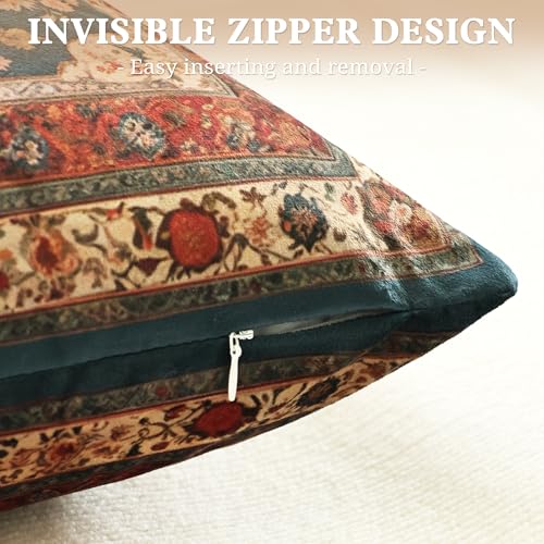 QoBexim Vintage Floral Soft Velvet Throw Pillow Covers 18x18 In Boho Pillowcases, Indian Antique Ethnic Tribal Decor Double Sided Pattern Cushion Cover for Sofa, Living Room,Farmhouse,Dark Blue,2 Pack - Image 4