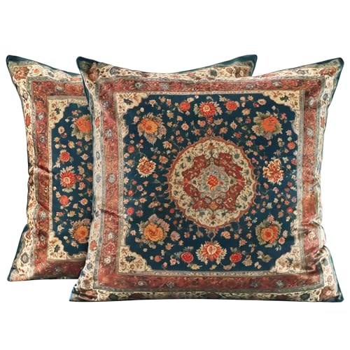 QoBexim Vintage Floral Soft Velvet Throw Pillow Covers 18x18 In Boho Pillowcases, Indian Antique Ethnic Tribal Decor Double Sided Pattern Cushion Cover for Sofa, Living Room,Farmhouse,Dark Blue,2 Pack - Image 1