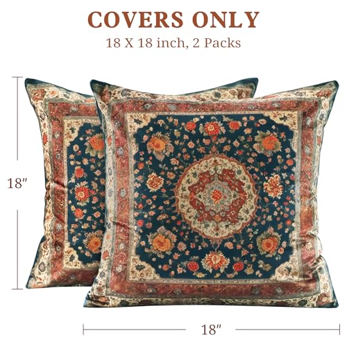 QoBexim Vintage Floral Soft Velvet Throw Pillow Covers 18x18 In Boho Pillowcases, Indian Antique Ethnic Tribal Decor Double Sided Pattern Cushion Cover for Sofa, Living Room,Farmhouse,Dark Blue,2 Pack - Image 3
