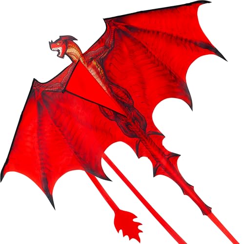 JOYIN Dragon Kites for Kids and Adults Easy to Fly Large Single Line Kite for Kids 55 x 46 Red Kites with 328ft String for BeginnersDragon Red Beach Kite for Outdoor Games and Activities - Image 1