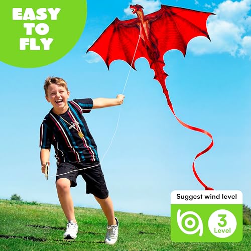 JOYIN Dragon Kites for Kids and Adults Easy to Fly Large Single Line Kite for Kids 55 x 46 Red Kites with 328ft String for BeginnersDragon Red Beach Kite for Outdoor Games and Activities - Image 3