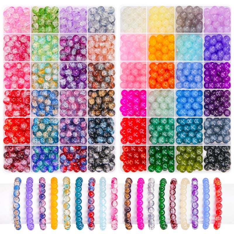 BONNY BOXX 1200 PCs 8mm Round Glass Beads for Jewelry Making Bulk Crystal Beads in 48 Assorted Colors Crackle Glass Beads for Bracelets Necklaces Earrings Jewelry Design DIY Art Projects