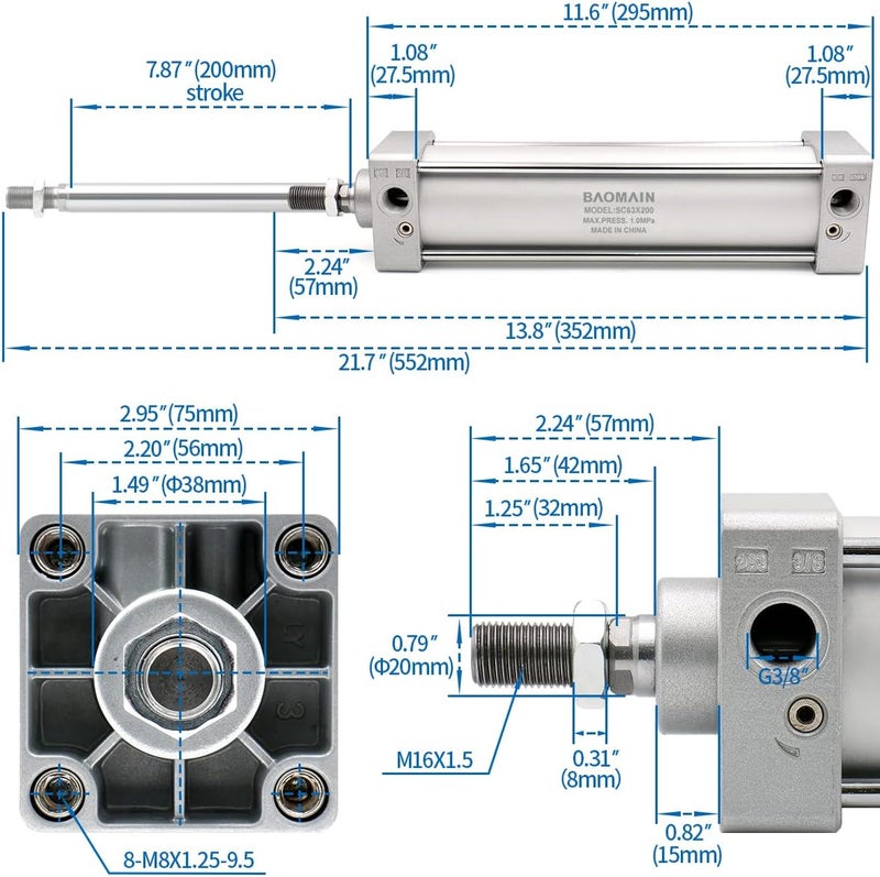 Baomain Pneumatic Air Cylinder SC 63 x 200, PT 3/8, Bore 2 1/2 inch(63mm), Stroke 8 inch(200mm),Dual Actionwith Foot Flange CY-63&CB-63,for Industrial Machinery - Image 3