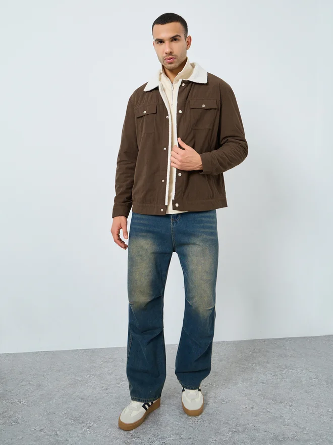 Styli Men Oversized Corduroy Jacket with Faux Fur Lining