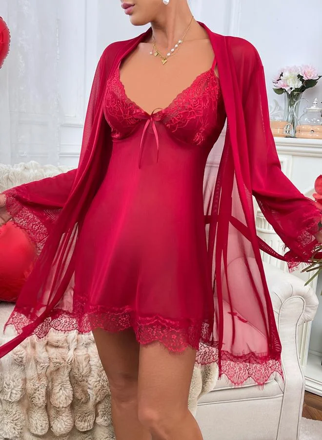 تايك تو Burgundy Lace Trim Satin Slip and Robe Set