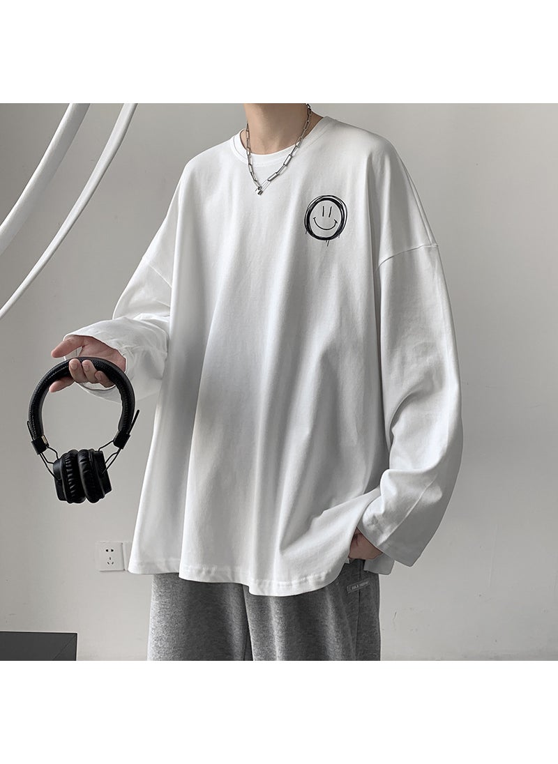 Generic - Versatile2021 Spring Autumn Thin Long Sleeve T-Shirt For Men Japanese Harajuku Style Smiley Face Hong Kong Trendy Loose-Fit Tee White - Image 1