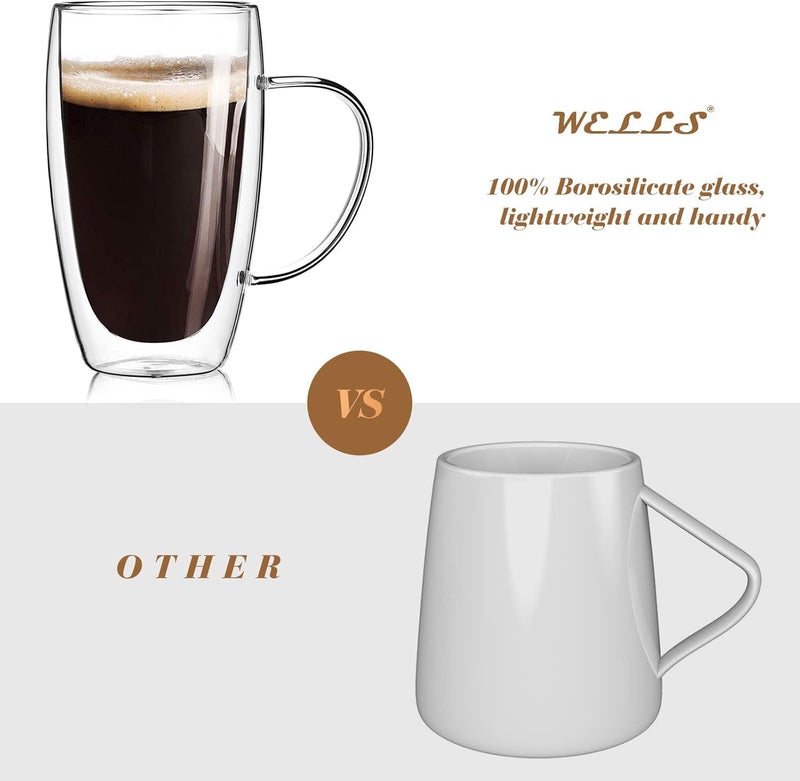 Wells 2-Pack 15 Oz Double Walled Glass Coffee Mugs with Handle,Large Insulated Layer Coffee Cups,Clear Borosilicate Mugs,Perfect for Cappuccino,Tea,Latte,Espresso,Hot Beverage,Wine,Microwave Safe - Image 4
