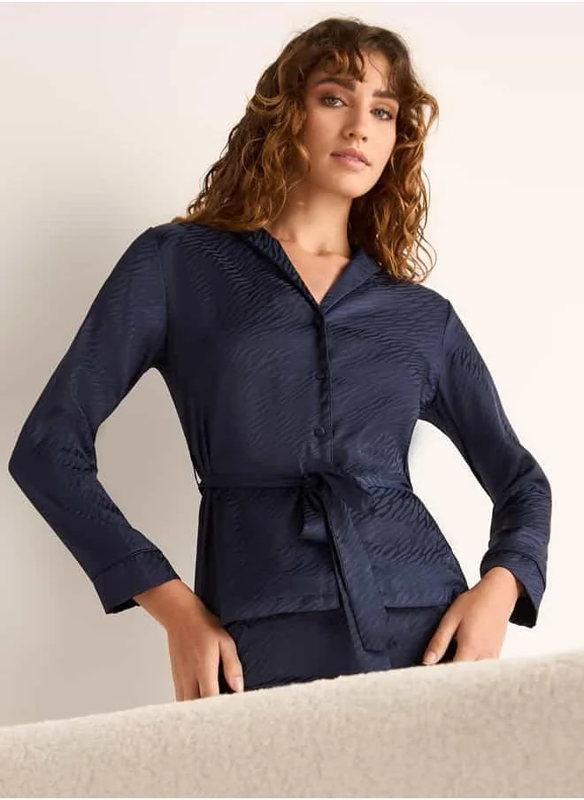فاف Textured Jacquard Satin Shirt with Belt and Pyjama Set