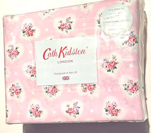 Cath Kidston London Home Luxury Collection 4 Piece 200tc Rose Flora Sheet Set 100% Cotton Percale Crisp & Cool, Lightweight Bedding (Lace Hearts, Queen (U.S. Standard)) - Image 1