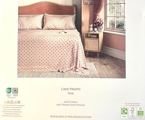 Cath Kidston London Home Luxury Collection 4 Piece 200tc Rose Flora Sheet Set 100% Cotton Percale Crisp & Cool, Lightweight Bedding (Lace Hearts, Queen (U.S. Standard)) - Image 4