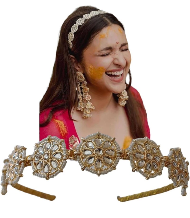 MPK PERFECT Stylish Hair Accessories/Mathapati hairband/Sheesh Patti/Gold Plated Floral Shaped Kundan Studded Hairband pack of 1 - Image 1