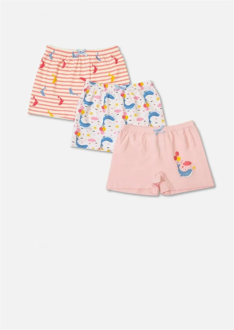Defne Whale Pattern Printed Combed Cotton Elastane Girls 3-Pack Boxer Set