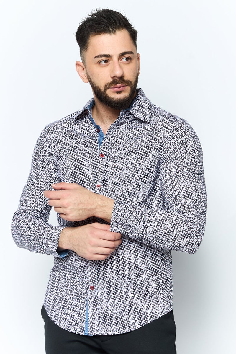 English Laundry قميص رجالي بقصة عادية بأكمام طويلة وطباعة شاملة، متعدد الألوان - Image 1