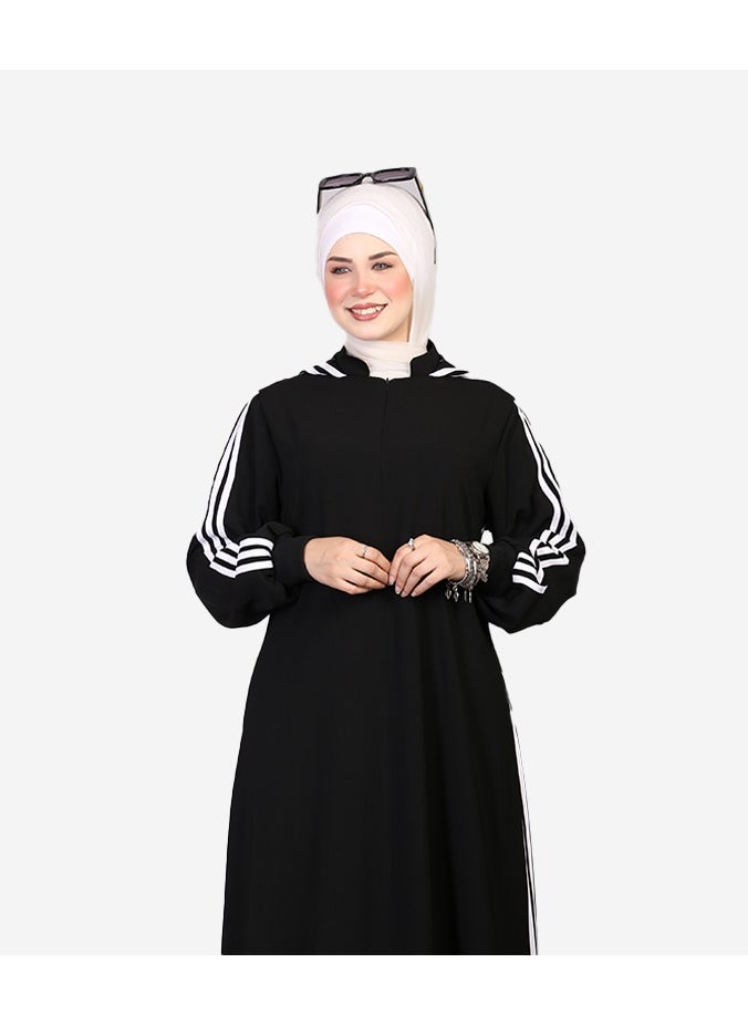 Generic - Black crepe abaya with white side stripes - Image 1