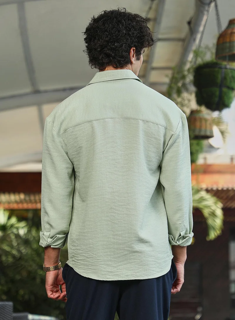 كامبوس سوترا Men's Sage Green Modular Solid Oversized Shirt
