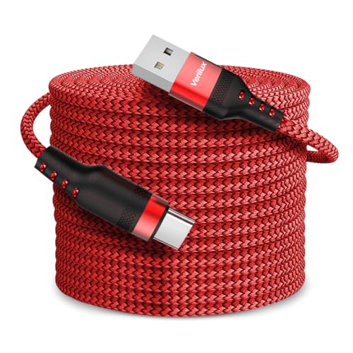 Verilux® 8M/26Ft Type C Cable, 10W USB to C Type Charger Cable, Nylon braided Ultra Long USB Cable C Type Charging Cable Compatible with iPhone 17/16/15, Tablet & More Type C Devices, Red - Image 1