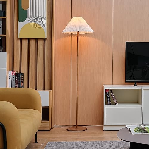 Globe مصباح أرضي GLOBE Electric 61000053 بطول 62 بوصة، بتشطيب بلون الخشب، ظل قماشي مطوي، مفتاح سلسلة سحب، ضوء قراءة، قاعدة E26، إضاءة حديثة كلاسيكية لغرف المعيشة وغرف النوم - Image 3