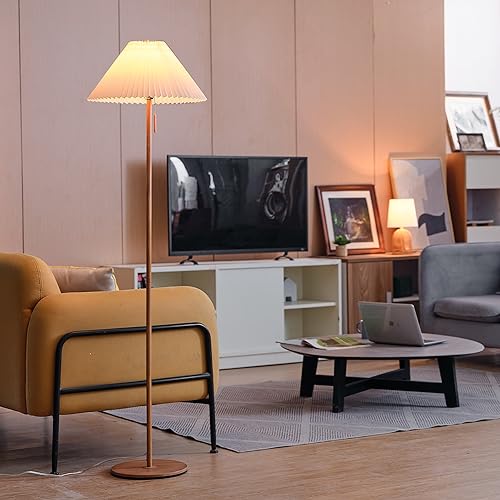 Globe مصباح أرضي GLOBE Electric 61000053 بطول 62 بوصة، بتشطيب بلون الخشب، ظل قماشي مطوي، مفتاح سلسلة سحب، ضوء قراءة، قاعدة E26، إضاءة حديثة كلاسيكية لغرف المعيشة وغرف النوم - Image 5