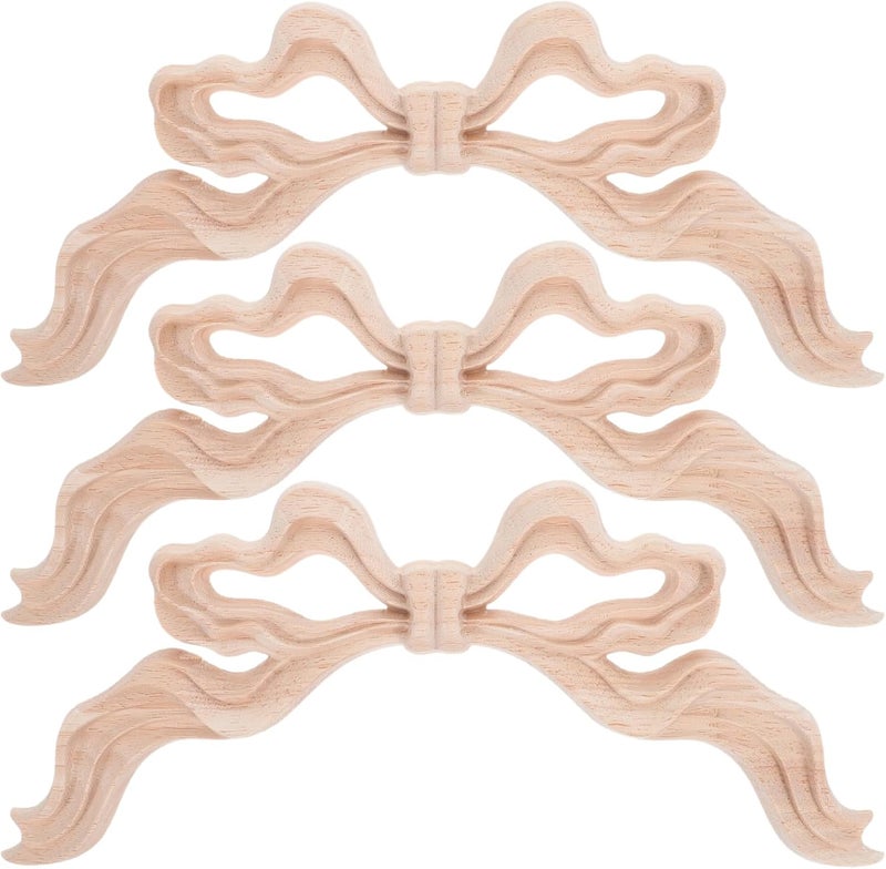 Angoily 3pcs European Vintage Wooden Carved Applique Bow Knot Decals Unpainted Wood Carvings for Wall Furniture Cabinet Decoration Craft DIY - Image 1