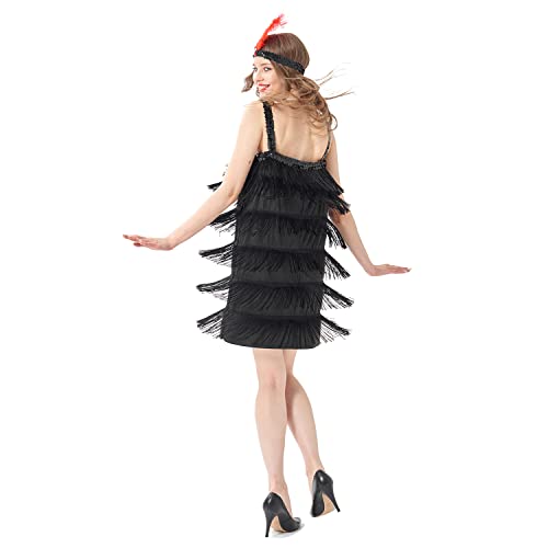 Sincere Party Women's Flapper Costume Gangster Lady Dress,1920s Great Gatsby Flapper Dresses with Pearl Necklace,Feather Headband Sequins Black for Woman M(8-10) - Image 4