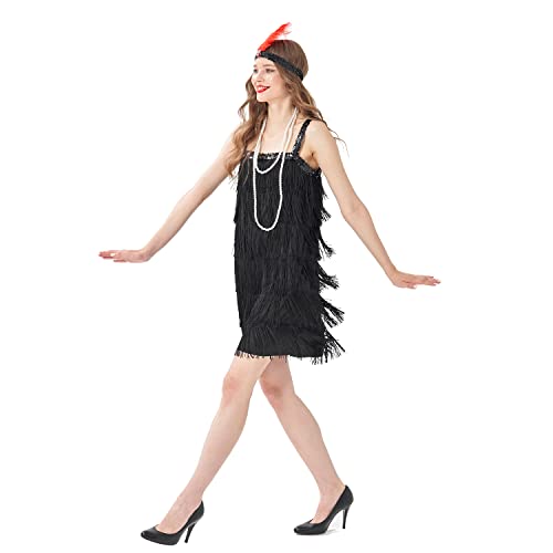 Sincere Party Women's Flapper Costume Gangster Lady Dress,1920s Great Gatsby Flapper Dresses with Pearl Necklace,Feather Headband Sequins Black for Woman M(8-10) - Image 2
