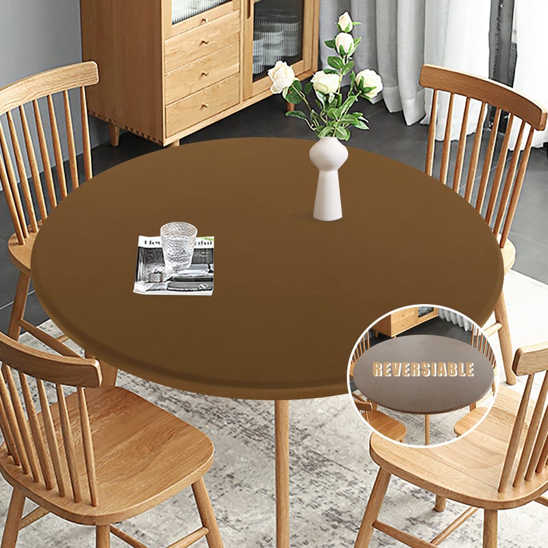 Obstal Obstal Fitted Round Table Cloth  Reversible Waterproof Stain Resistant Elastic Stretch Tablecloth  Wipe Clean Table Cover for Outdoor/Indoor Use  Fits Round Tables up to 48"" - 56"" Diameter  Coffee  - Image 1