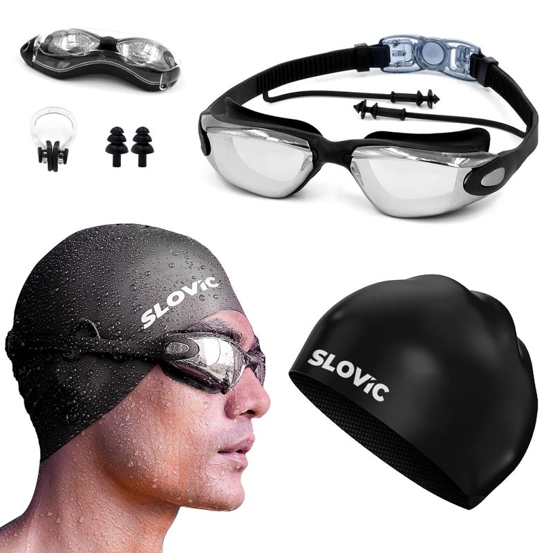 SLOVIC Swimming Goggles & Cap Combo | Anti-Fog Swimming Goggles for Men | Swimming Cap for Men | UV Protected Swimming Goggles for Women with Adjustable Straps | Unisex Swimming Accessories [Black] - Image 1