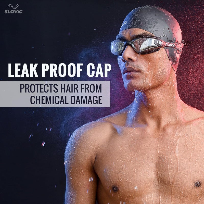 SLOVIC Swimming Goggles & Cap Combo | Anti-Fog Swimming Goggles for Men | Swimming Cap for Men | UV Protected Swimming Goggles for Women with Adjustable Straps | Unisex Swimming Accessories [Black] - Image 2