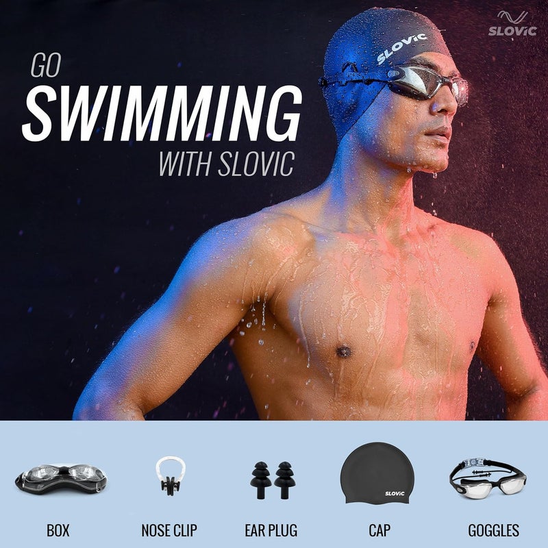 SLOVIC Swimming Goggles & Cap Combo | Anti-Fog Swimming Goggles for Men | Swimming Cap for Men | UV Protected Swimming Goggles for Women with Adjustable Straps | Unisex Swimming Accessories [Black] - Image 4