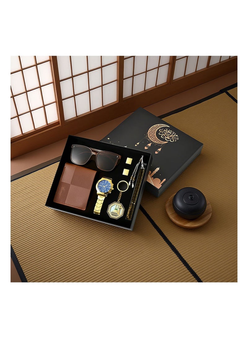 Apustim 6 Piece Gift Set，Including a Fashion Watch，Business Wallet，Sunglasses Key，Keychain，Bracelet，Cuff And Exquisite Gift Box，Is The Perfect Gift For Father's Day，Party，Birthday Gift And Men's Business Gift Box （Brown） - Image 4