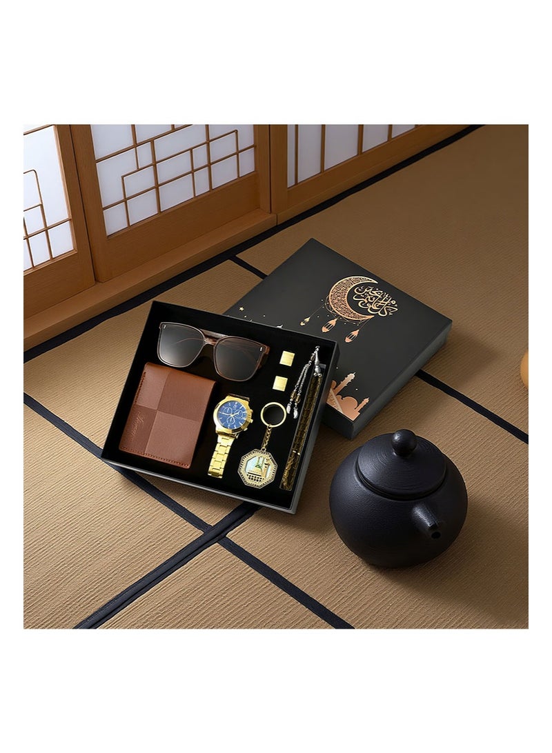 Apustim 6 Piece Gift Set，Including a Fashion Watch，Business Wallet，Sunglasses Key，Keychain，Bracelet，Cuff And Exquisite Gift Box，Is The Perfect Gift For Father's Day，Party，Birthday Gift And Men's Business Gift Box （Brown） - Image 3