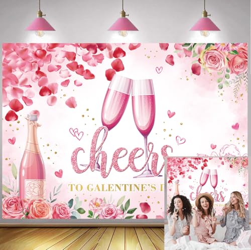 WANGRJ Happy Galentines Day Backdrop Pink Flower Galentine's Day Banner for Female Girl Birthday Valentines Anniversary Party Supplies Decor (7x5FT（210x150cm）) - Image 1