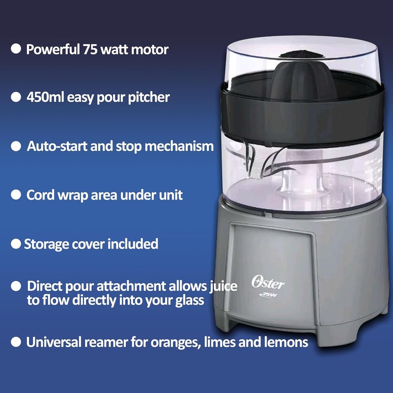 Oster عصارة الحمضيات الكهربائية، محرك فضي عالي الأداء بقوة 75 واط لعصر البرتقال، الليمون، والليمون الأخضر - Image 1