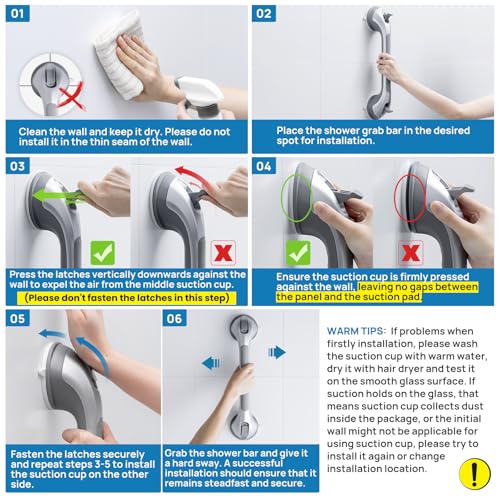 LEVERLOC Shower Grab Bars 2 Pack, Suction Grab Bar Easy to Install Shower Handle for Bathroom Removable Handrails for Seniors Elderly Heavy Duty Safety Grip Waterproof Drill Free, Silver - Image 3